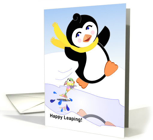 Happy Birthday on February 29th, Leap Year, Penguin and Fish card