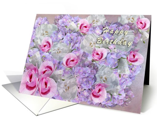 Happy Birthday Pink Rose Buds and Hydrangeas card (830532)