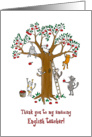 Thank you to English teacher, Cute cats climb apple tree card