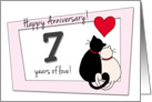 Happy 7th Wedding Anniversary - Two cats in love card