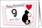 Happy 9th Wedding Anniversary - Two cats in love card