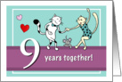 Happy 9th Wedding Anniversary, Two cats dancing card