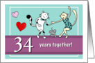 Happy 34th Wedding Anniversary, Two cats dancing card