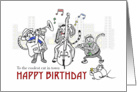 Happy birthday for best friend, Cats playing jazz music in the city card