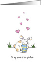 Happy Easter to niece and partner, Cute bunny rabbit hugs egg card