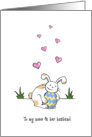 Happy Easter to niece and husband, Cute bunny rabbit hugs egg card