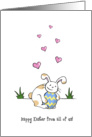 Happy Easter from all of us, Cute bunny rabbit hugs egg card