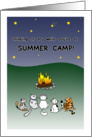 Thinking of you at summer camp, Cats sit around campfire at night card