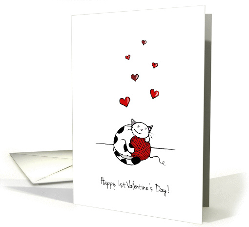 Happy 1st Valentine's Day - Cute cat hugs ball of yarn card (1414714)