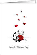 Happy 1st Valentine’s Day - Cute cat hugs ball of yarn card