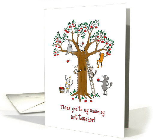 Thank you to art teacher - Cute cats climb apple tree card (1416200)