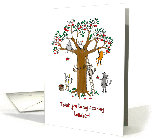 Thank you to teacher, general card, Cute cats climb apple tree card