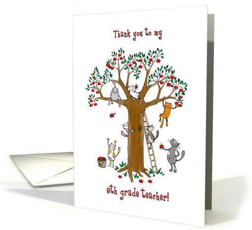 Thank you to grade 8 teacher, Cute cats climb apple tree card