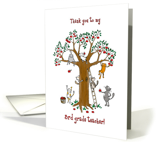 Thank you to grade 3 teacher, Cute cats climb apple tree card