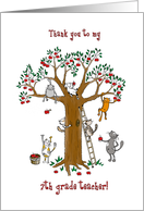 Thank you to grade 7 teacher, Cute cats climb apple tree card