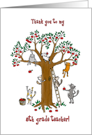 Thank you to grade 5 teacher, Cute cats climb apple tree card