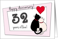Happy 32nd Wedding Anniversary - Two cats in love card
