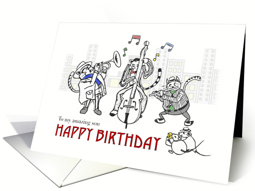 Happy birthday for son, From dad, Cats playing jazz card (1424570)