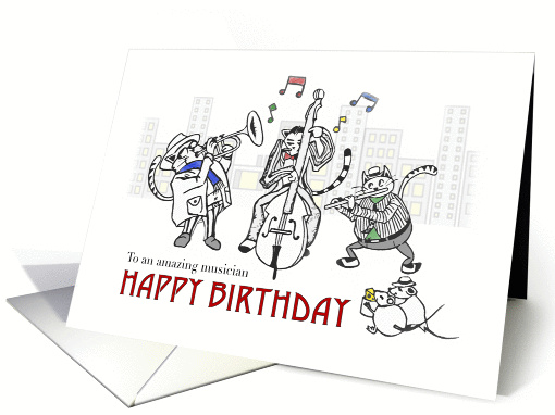 Happy birthday for musician, Cats playing jazz music in the city card