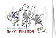 Happy birthday for boss from group, Cats playing jazz music card