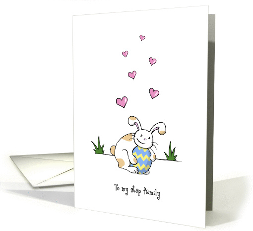 Happy Easter to step family, Cute Bunny Rabbit hugs Easter egg card