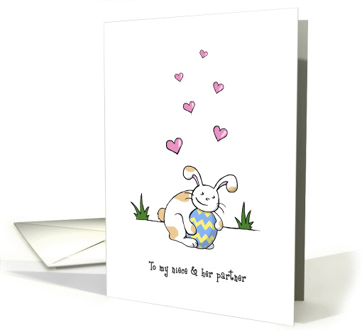 Happy Easter to niece and partner, Cute bunny rabbit hugs egg card