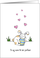 Happy Easter to niece and partner, Cute bunny rabbit hugs egg card