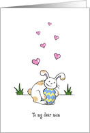 Happy Easter to mom, Cute bunny rabbit hugs egg card