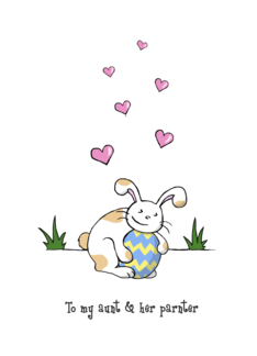 Happy Easter to aunt and partner, Cute bunny rabbit hugs egg