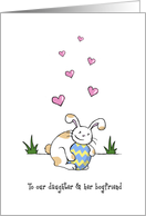 Happy Easter to daughter and boyfriend, Cute bunny rabbit hugs egg card