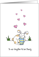 Happy Easter to daughter and family, Cute bunny rabbit hugs egg card