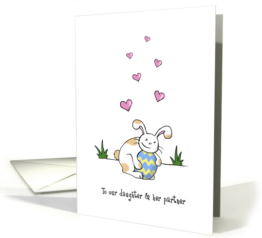 Happy Easter to daughter and partner, Cute bunny rabbit hugs egg card