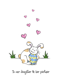 Happy Easter to daughter and partner, Cute bunny rabbit hugs egg