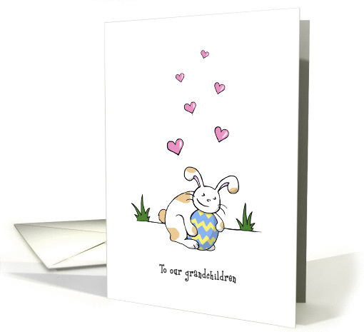 Happy Easter to our grandchildren, Cute bunny rabbit hugs egg card