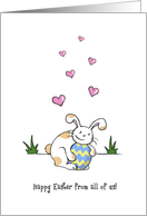 Happy Easter from all of us, Cute bunny rabbit hugs egg card