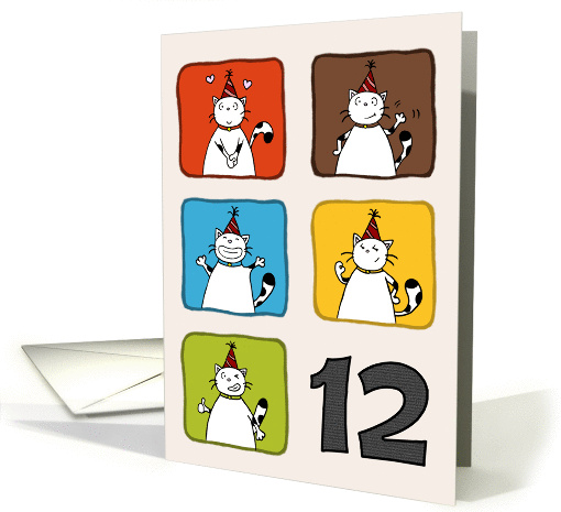 Happy birthday, 12 years old, Cute cats with party hats card (1425948)