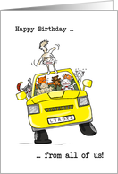 Happy Birthday from all of us, Cat family riding in a car card