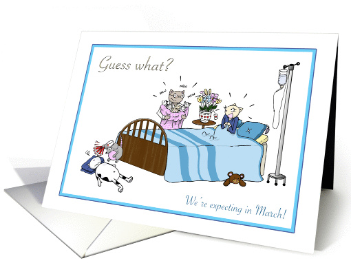 We're expecting in March, Pregnancy announcement, Cat and mouse card