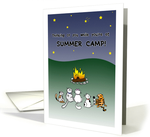 Thinking of you at summer camp, Cats sit around campfire at night card