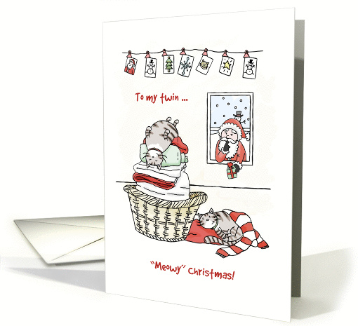 Merry Christmas for twin, Cute cats sleep, Santa brings present card