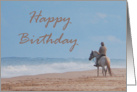 Happy Birthday-person on white horse on beach card