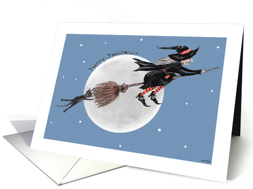 Happy Halloween-Witch on her broomstick with her black cat card