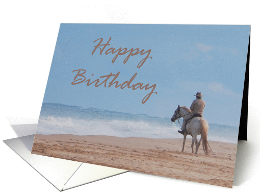 Happy Birthday-person on white horse on beach card (857446)