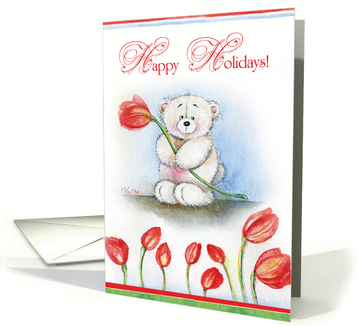 Happy Holidays-White bear with flower card (835393)