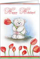 Happy Holidays-White bear with flower card