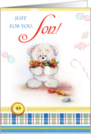 Son-White teddy bear with sweets card