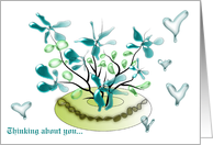 Aqua blue flowers in green vase Thinking about you card
