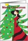 Lady in red and Christmas tree card