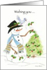 Snowman decorating pine tree with holly card