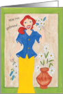 Miss you girlfriend, girl holding flowers card